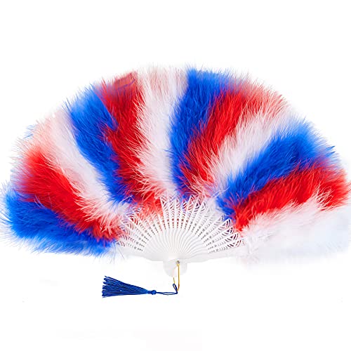 BABEYOND Marabou Feather Fan 20s Vintage Folding Fan Flapper Hand Fan for Costume Dancing Show Tea Party Wedding Decoration (White Blue Red)