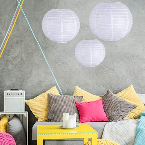 VGOODALL 15 Weiß Papierlaterne Set, 9 Weiß Papier Lampions in 3 Größen mit 6 Weiß Seidenpapier Pompoms Rund Lampenschirm für Party Garten Hochzeit Dekoration