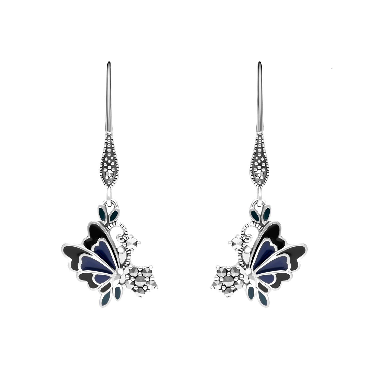 Esse Marcasite Sterling Silver Enamel & Marcasite Butterfly Fishook Drop Earrings