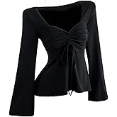 SOLY HUX Women's Long Bell Sleeve Peplum Top Sweetheart Neck T Shirts Tie Front Going Out Tees