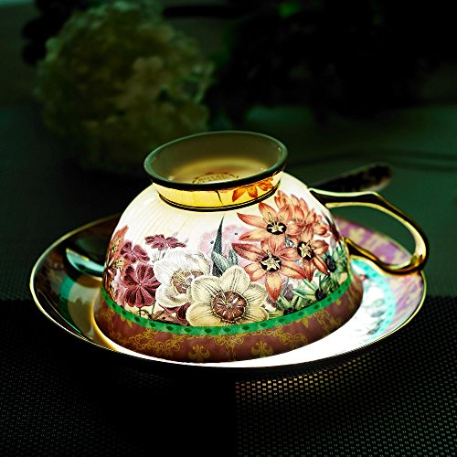 Panbado 3-Piece Bone China Tea Cup Saucer Set With Spoon Porcelain Gold Rimmed Teacup Coffee Set, Butterfly And Flower, 200 mL/6.8 oz., Multi-Color