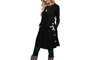 OFEEFAN Long Sleeve Dress for Women Crew Neck Tunic Dress with Pockets Buttons Side
