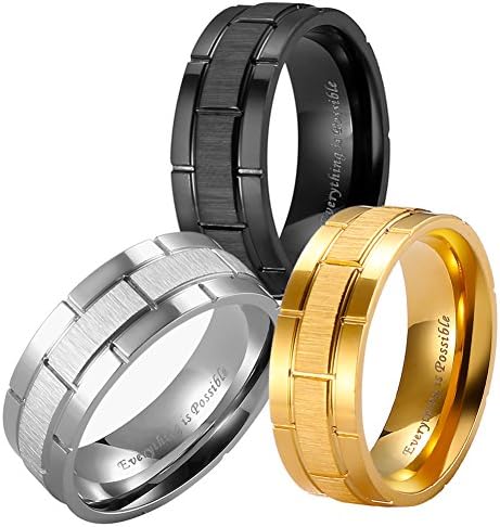 UOKOHO Stainless Steel Rings for Men Wedding Ring Cool Simple Band 8 MM 3 Pcs A Set Brick Pattern, Nickel Free Cobalt Free