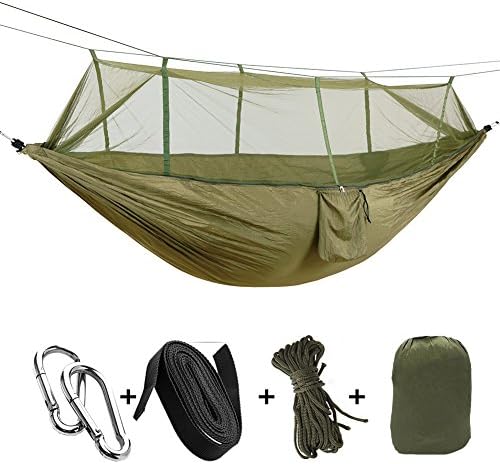 sheny Camping Hammock, Lightweight Parachute Nylon Hammock for 2 Person,Outdoor Travel Hammock with Mosquito Net for Outdoor/Camping/Fishing/Hiking/,Indoor Gardon and more(Army Green)