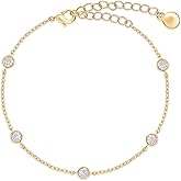 18K Gold Plated Five Stone Station Link Bracelet for Women| 3MM Moissanite Classic Tennis Bracelet | Bezel-Set 6" + 2" Adjustable Chain Bracelet (0.50 Cttw)