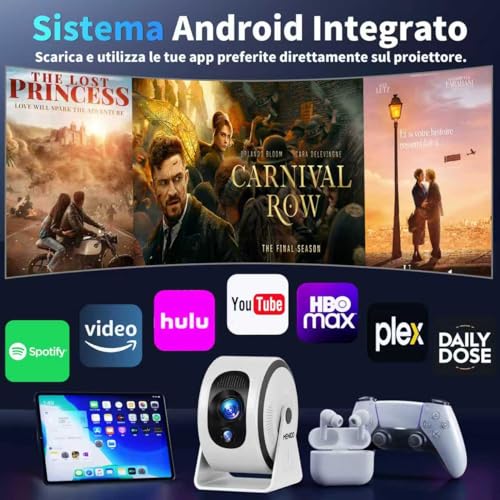 Mini Projector [Integrated Apps & 2026 Upgraded] Support 4K 1080P, Portable Projector Auto Focus/Keystone with WiFi 6 and Bluetooth 5.4 Correction 360°Rotation, Mini Projector Home Theater- White