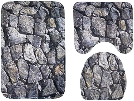 3D Stone Print Pattern 3-Piece Sets Bath Mat Safe Non-slip Bathroom Rugs(Stone)