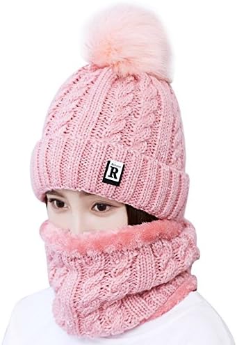 UZZO Winter Warm Beanie Knitting Hat Scarf Neck Warmer Set Women Men, Warm Wool Cashmere Blend Baggy Slouchy Thick Ski Cap and Scarf, Pink