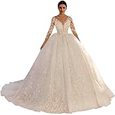 Jamille Women's Lace Beach Wedding Dresses for Bride 2025 Deep V Neck Long Ball Gowns with Train Sleeve High Waist JA0125