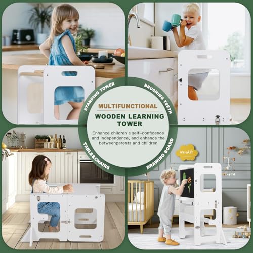 labebe Montessori Tower for Children, Folding Learning Tower, 3-in-1 Montessori Ladder with Drawing Board, Wooden Learning Tower Older Age 18 Months Children (White)
