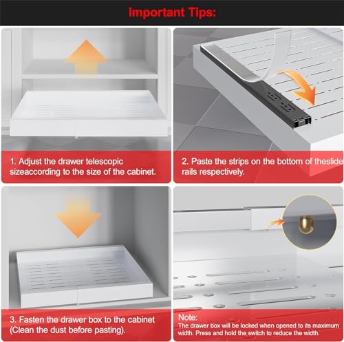 Fohome Expandable Pull out Cabinet Organizer, Expandable Sliding Pull Out Drawers White, Slide out Cabinet Organizer Drawer Storage for Kitchen, Living Room, Home, Adjustable Width 32cm to 52 cm White