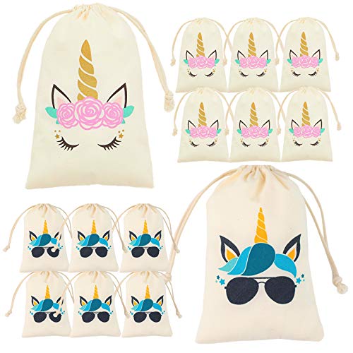 My Greca Unicorn Goodie Bags for Kids - 12 Party Favor Bags For Candy, Treats and Gifts. Unicorn Theme Goody Drawstring Bags for Girls and Boys Birthday Party Supplies