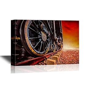 Tank Engine Canvas Wall Art - Train Wheels on The Railway at Sunset - Gallery Wrap Modern Home Art | Ready to Hang - 12x18 inches