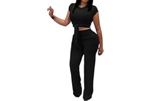 EDITCOZY Women 2 Piece Outfits Sexy Tie Front Crop Top Wide Leg Pants Sets Casual Summer Ribbed Two Piece Set