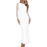 BORIFLORS Women's Sexy Ruched Bodycon Long Formal Dresses Mesh Long Sleeve Cocktail Party Maxi Dress