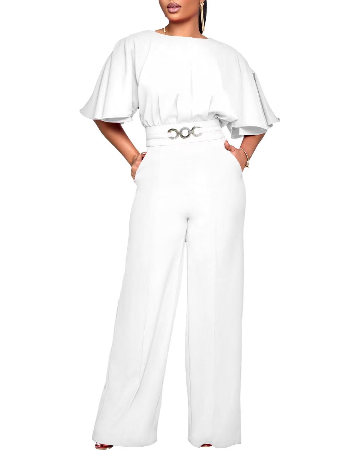 Photo 1 of acelyn Elegant Jumpsuit for Women Dressy Sexy Plus Size Wide Leg Pant Suit One Piece Party Outfits White 3XL