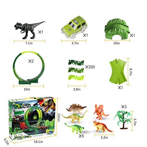 Lydaz Dinosaur Race Car Track Toy Mega Set 306 Pcs, Dual Loops 6 Dinosaurs Figures Flexible Train Track for Kids Boys Girls 3 Years Old and Up - Thumbnail 5