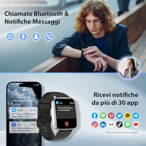Smartwatch for Men and Women, 1.85 Inches Smartwatch with Calls and WhatsApp Notifications, Fitness Tracker with Pedometer Sleep SpO2 Heart Rate Monitor, 110 Sports, IP68 Smart Watch for Android iOS Black