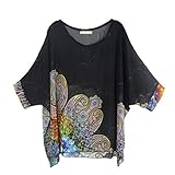 Cocobla Women Boat Neck Loose Dolman Sleeve Tops Bohemian Chiffon Blouse T Shirt (L, Black)