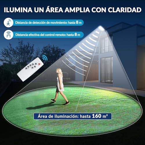 FASENZA Lámpara Solar Exterior: 3000LM, 6500K, Batería 6000mAh, Carga 6h para 12h Iluminación, 3 Modos de Sensor Radar, IP65, Garaje, Almacén, Granero, Jardín, Patio y Terraza, 2 Años de Garantía