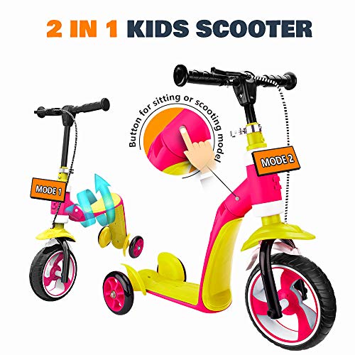 Verkstar Kick Scooter for Kids Toddlers Girls Boys, 2 in 1 Kids Scooter with Handbrake, Adjustable Handle, Extra-Wide Deck, The Latest Outdoor Toys for Kids Activities (Yellow & Pink)