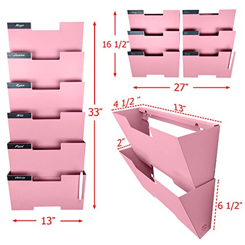 Pink Wall Mount Hanging File Holder Organizer 6 Pack Durable Steel Rack, Solid, Sturdy and Wide