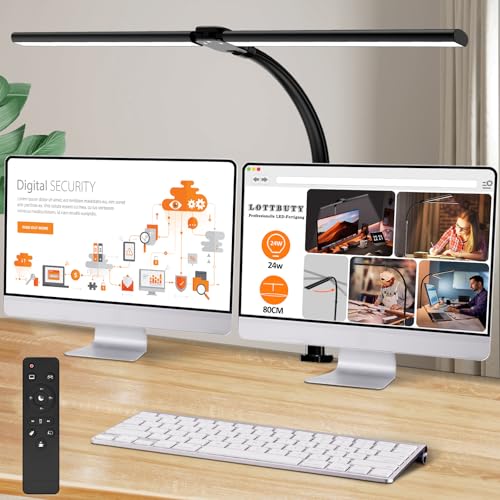 LOTTBUTY Doppelkopf Schreibtischlampe LED dimmbar,24W 80CM Homeoffice Tageslichtlampe Schreibtisch Lampe, Schwanenhals Büro Tischlampe (Schwarz,Klemmbar)