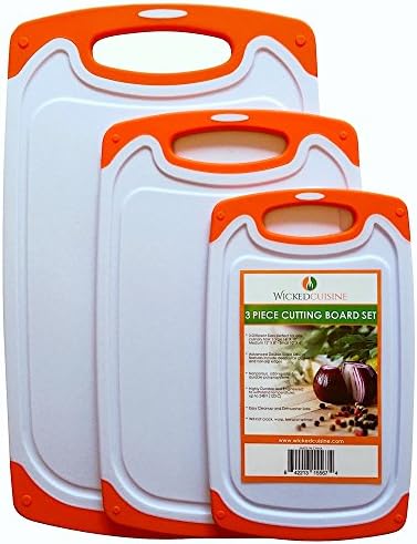 3 Piece Plastic Cutting Board Set for Kitchen with Deep Drip Juice Groove and Non Slip Feet Dishwasher Safe Small Medium and Large Boards