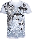 TG527T Cross,Sword and Shield Metallic Silver Embossed Short Sleeve Crew Neck Cotton Mens Fashion T-Shirt – White / X-Large, Online Clothing Store