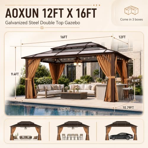 Aoxun 12x16 Outdoor Gazebo Double Polycarbonate Roof Brown Hardtop image 22