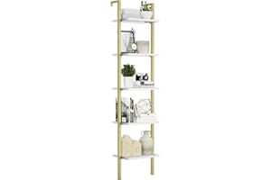 NUMENN Industrial Ladder Shelf, 5 Tier Book Shelf, Open Space Wall Mount Bookshelf with Metal Frame, Sturdy Book Shelves, Bookcase for Living Room, White and Brown Gold