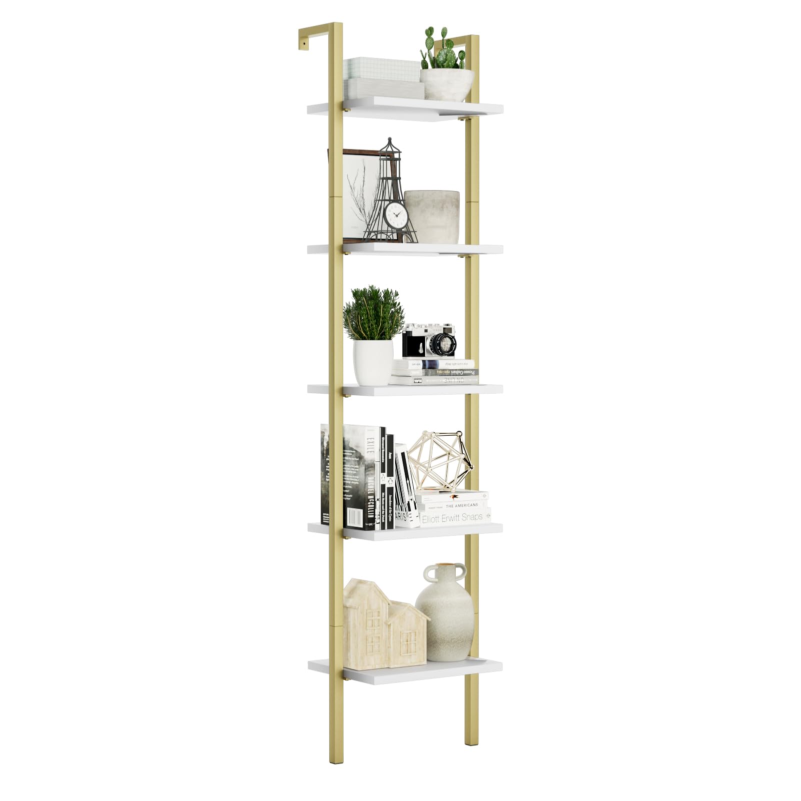 Photo 1 of NUMENN Industrial Ladder Shelf, 5 Tier Book Shelf, Open Space Wall Mount Bookshelf with Metal Frame, Sturdy Book Shelves, Bookcase for Living Room, Home Office, White