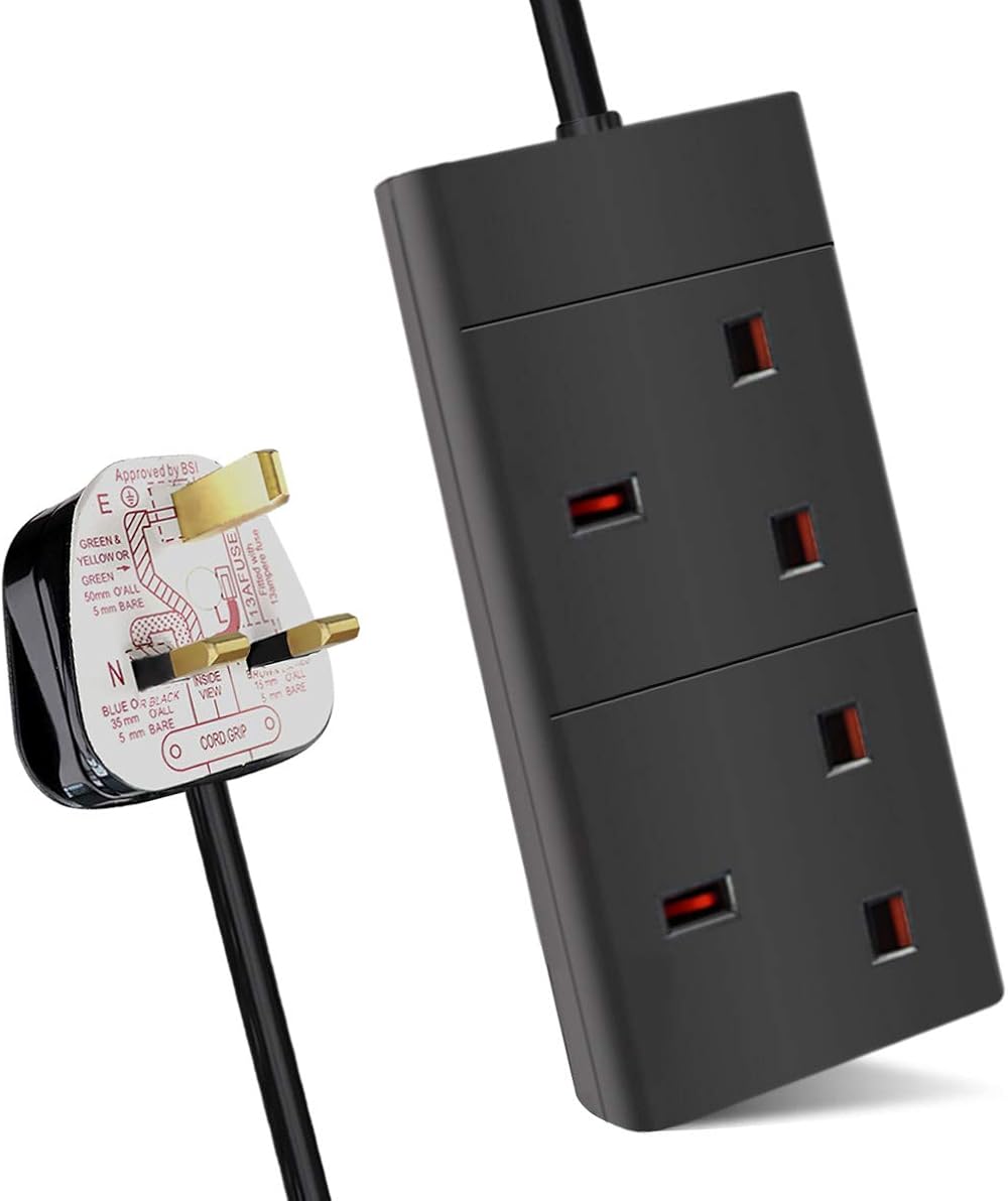 EXTRASTAR 2 Way Extension Lead 13A UK Plug 2M Power Strip Black