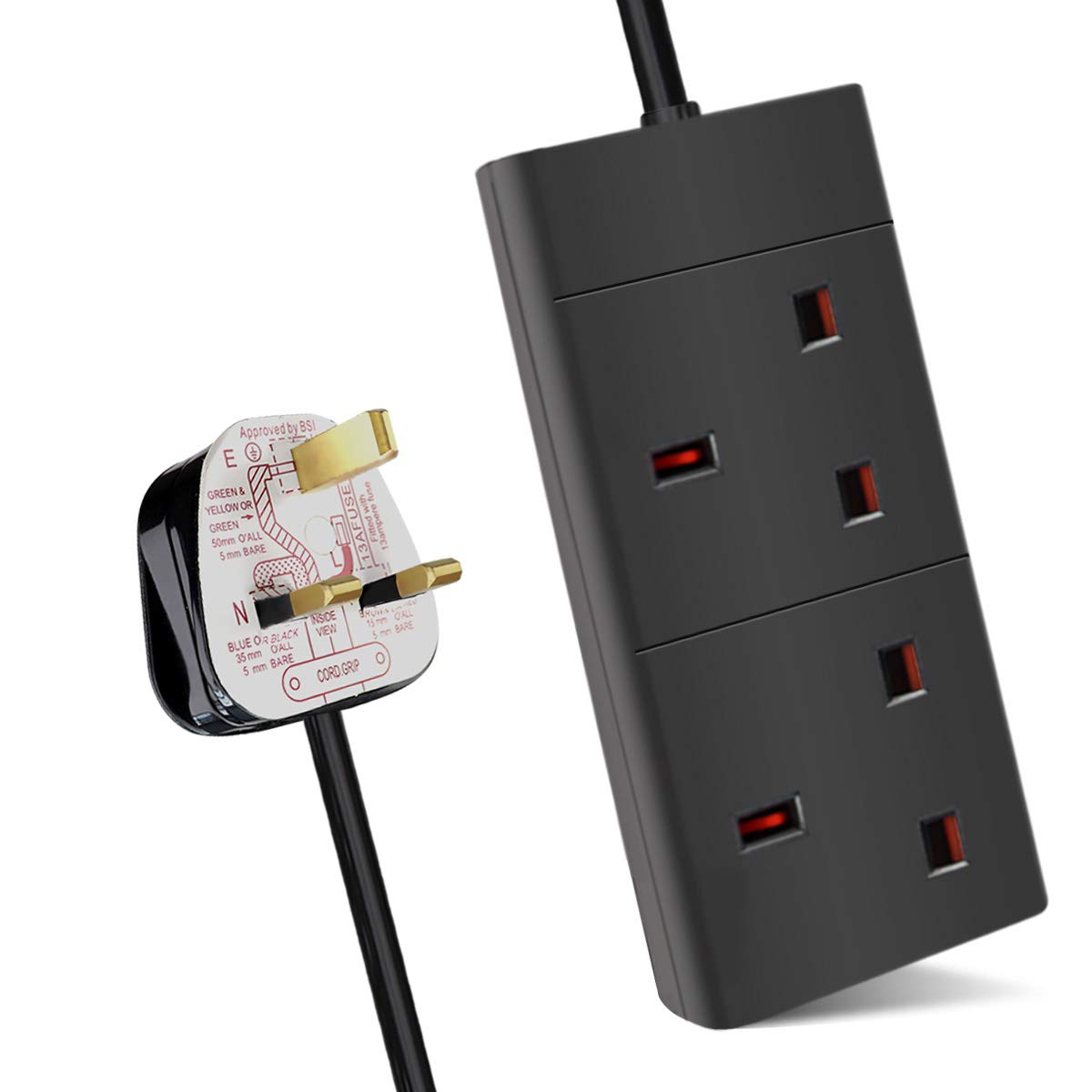 ExtraStar 2 Way Extension Lead, 13A Fused UK Plug Extension Socket, 1M Extension Cable Power Strip - Black
