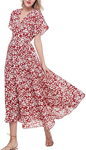 GAMISS Women's Bohemian Floral Printed Maxi Dress Sexy Deep V-Neck Short Sleeve Long Dress S-2XL