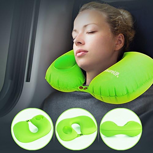 LeisureUP Smart Inflatable U-shaped Air Pillow Neck Support for Metro Bus Travel Office Nap Outdoor Camping Driving Relax (Green Neck Pillow)