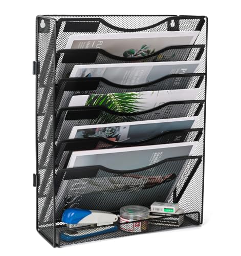 TQVAI Metal 7 Tier Wall File Holder Mesh Wall Mounted Magazine Rack Desk Stationary Tidy Organiser in Tray for Office School Accessories, Black
