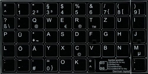 GERMAN KEYBOARD STICKERS BLACK BACKGROUND (14x14) FOR DESKTOP, LAPTOP AND NOTEBOOK