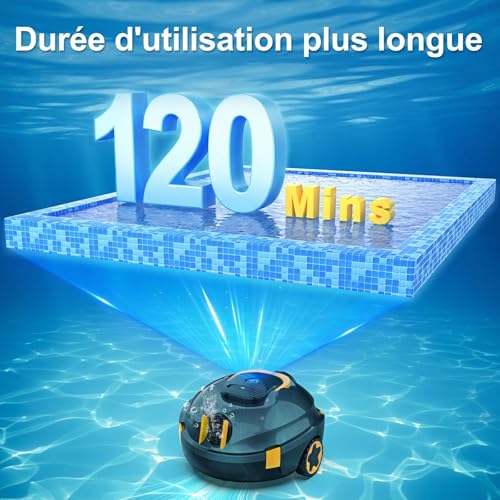 MEDOXA Robot de Piscine sans Fil, aspirateur de Piscine Automatique, 120 Minutes d'autonomie, stationnement Automatique, léger, Puissant Robot pour Piscine Hors-Sol/enterrée jusqu'à 110 ㎡(Noir Bleu)