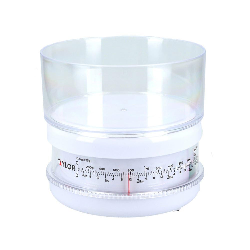 Taylor Compact Mechanical Kitchen Food Scales with Bowl, Highly Accurate with Tare Function and Precision, White Weighs 2.2 kg Capacity, 14 x 13 cm, 2.2 kg Capacity