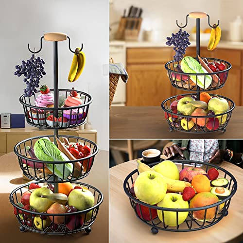 Countertop Fruit Basket Bowl, Fruit Basket with Banana Hanger, 2 Tier