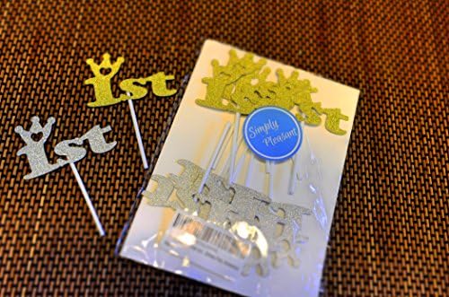 Simply Pleasant - 1st Silver and Gold Birthday/Anniversary Cupcake Topper Decoration, First Birthday Party, First Anniversary SAFE-PLASTIC STICK - 12CT