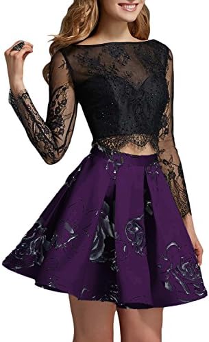 Monalia Women's Floral Long Sleeve Prom Dresses 2018 Short Formal Party Gowns Size 14 Grape