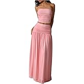 Milumia Women's 2 Piece Outfit Ruched Bandeau Crop Top and Pleated Mesh Long Skirt Set
