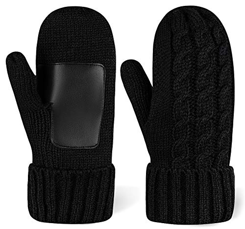 Winter Mittens for Women - Cold Weather Black Chunky Knit Thermal Gloves - Thick Snow Mitts with Warm Fleece Lining - Thumbnail 6