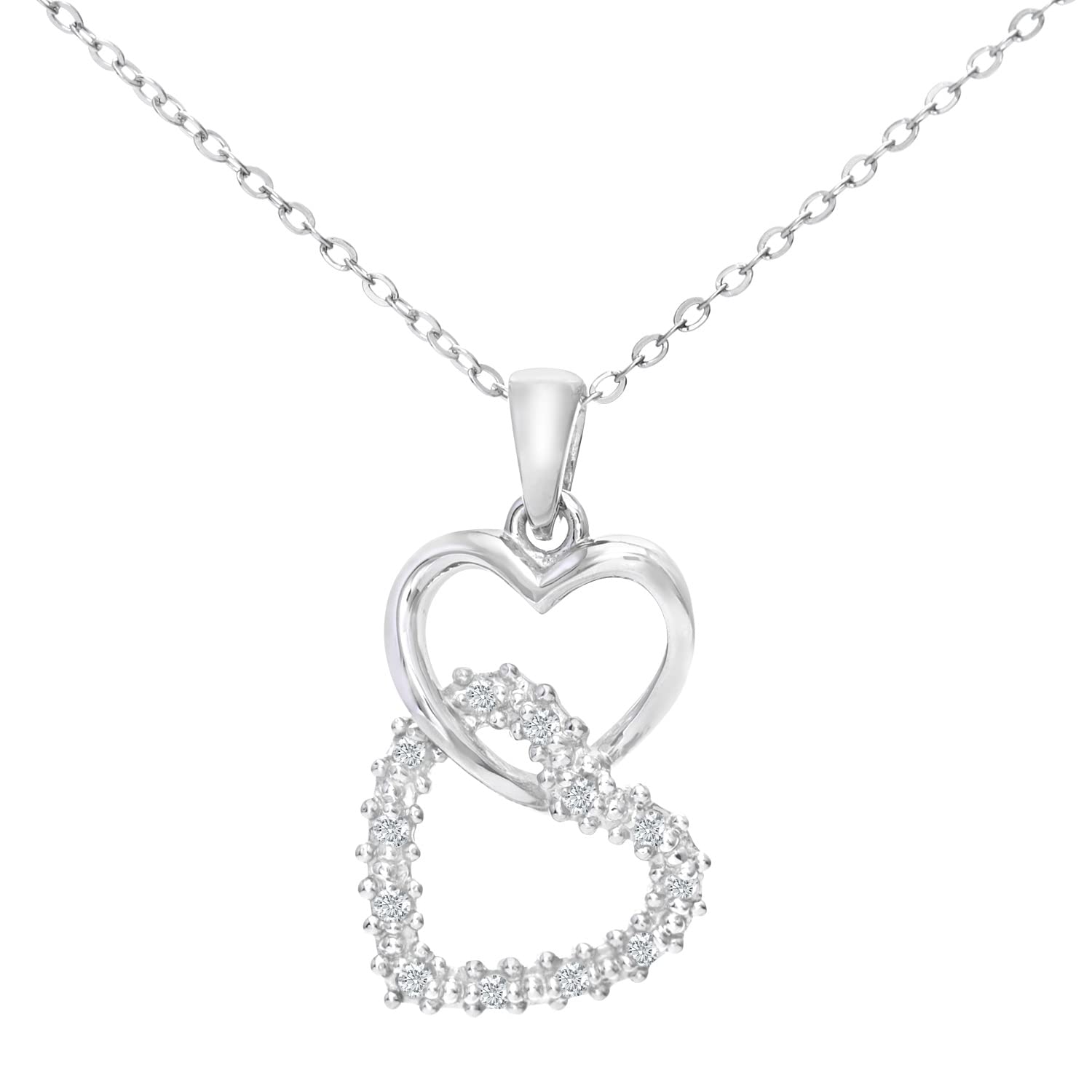 Elegano 9ct White Gold 46cm Women’s Necklace – Interlocked Diamond Hearts Pendant