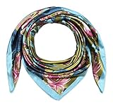 corciova Womem's 100% Silk Feeling Head Scarf for Sleeping Headband 35x35 Inches Camellia Flower Pink Turquoise