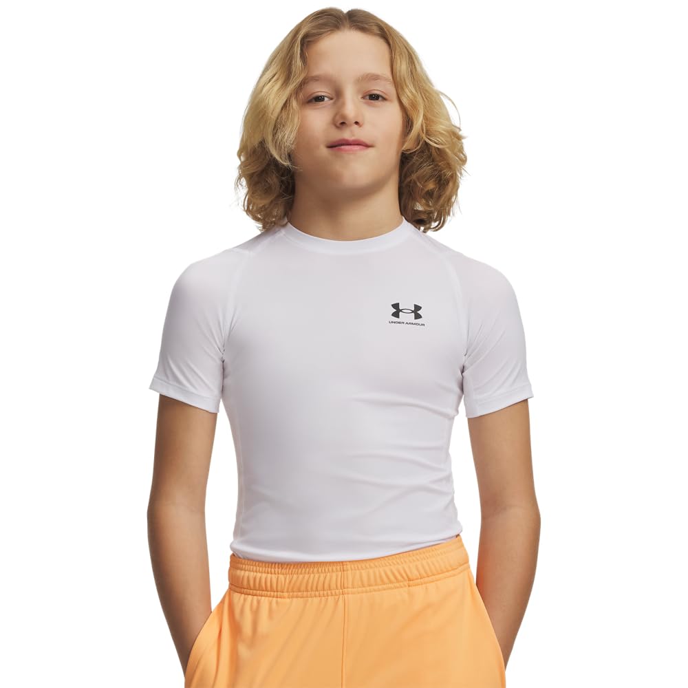 Under Armour Boys' HeatGear Armour Short-Sleeve T-Shirt, (101) White / / Black, Large Image