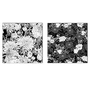 2 Panel Square Canvas Wall Art - Floral Pattern in Black and White - Giclee Print Gallery Wrap Modern Home Art Ready to Hang - 12"x12" x 2 Panels
