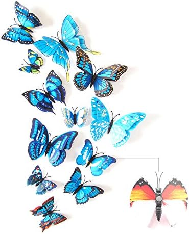 2017 The Latest Upgrade 3D Double-Deck Butterfly Wall Stickers Decor Art Decorations With Magnet、Sponge Gum And Pin 12 Pack (Blue-Magnetic Button&amp;Sponge Gum)